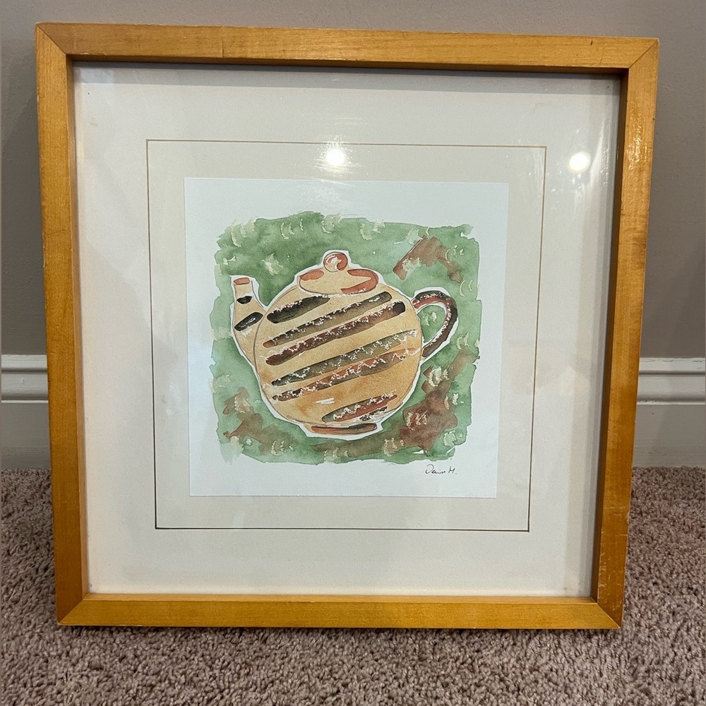 Crate and barrel framed teapot pitcher water color  painting print soicher Marin